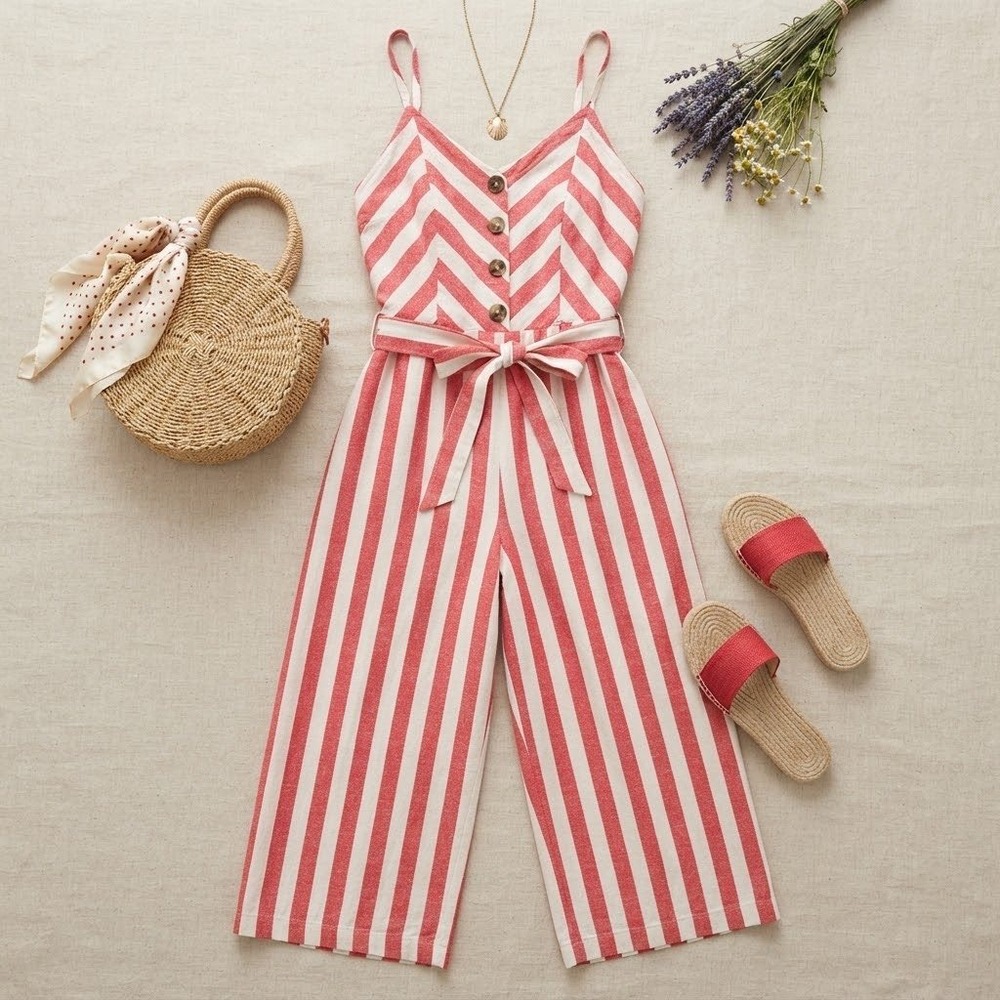 Kensie Jeans Red White Striped Linen Blend Wide Leg Cropped Jumpsuit Medium
